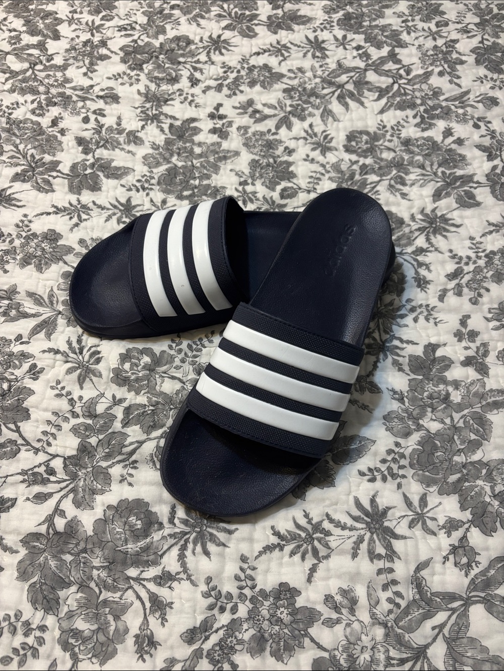 Women’s Adidas  Navy Slide Sandals with White Stripes